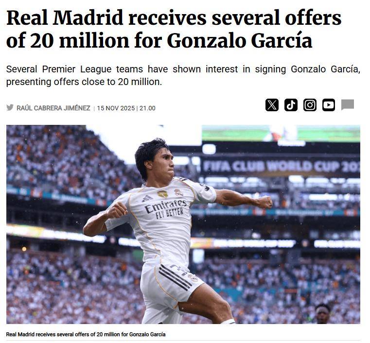 เก้าเกม ไม่มีประตู! กองหน้าวัย 21 ปีของเรอัล มาดริด นั่งสำรองอย่างน่าสงสาร ขณะที่สามสโมสรพรีเมียร์ลีกแสดงความสนใจ: ข้อเสนอ 20 ล้านยูโร_Gonçalo García_ยูโร_แชมเปียนส์ลีก